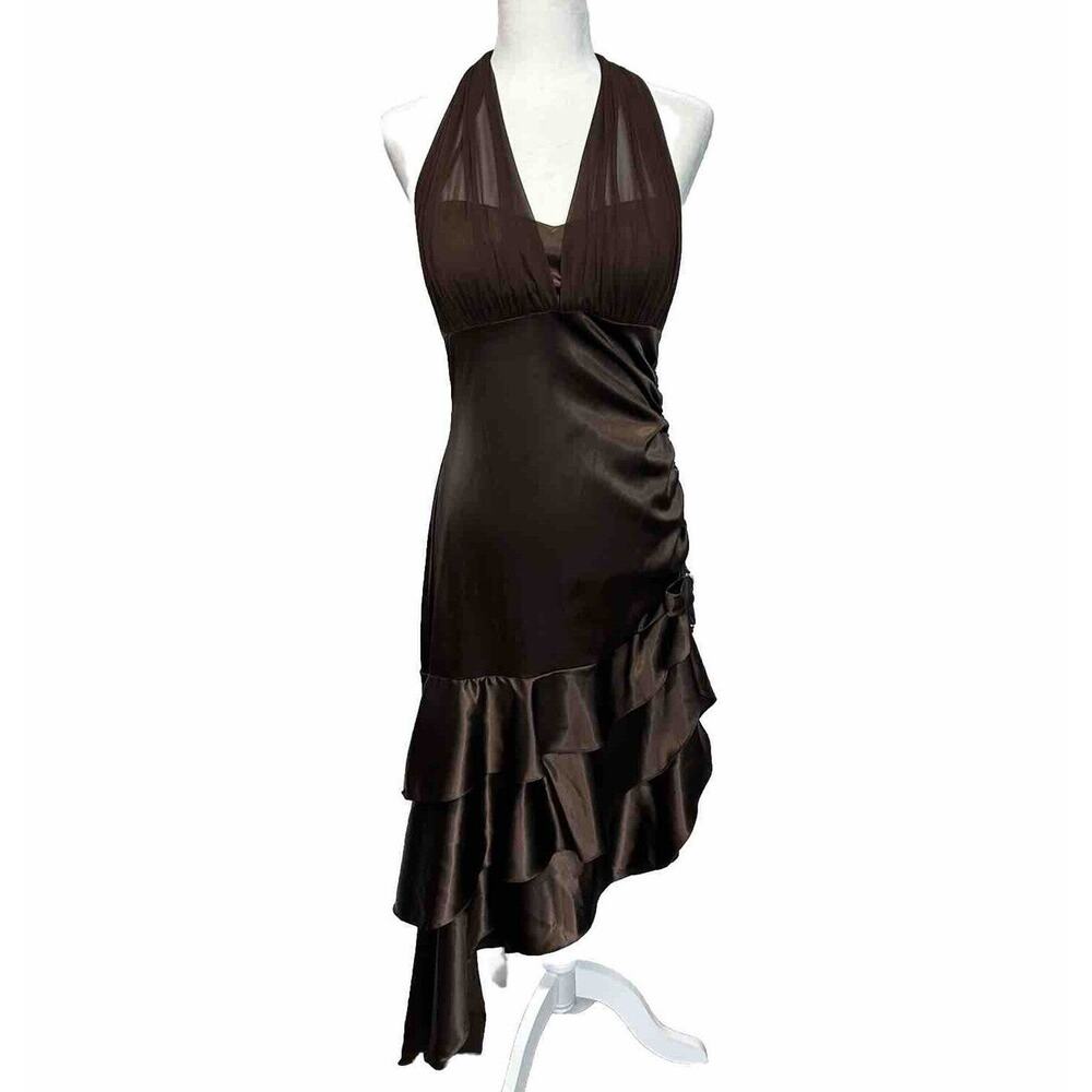 Vintage 90s y2k Blondie Nites Prom Gown Halter Brown Satin Ruffle Jr S Assymetri